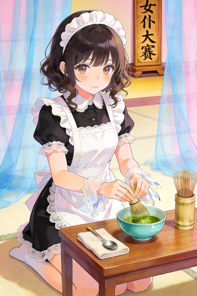 女仆大赛选手小萌在比赛中展示优雅茶艺服务的场景